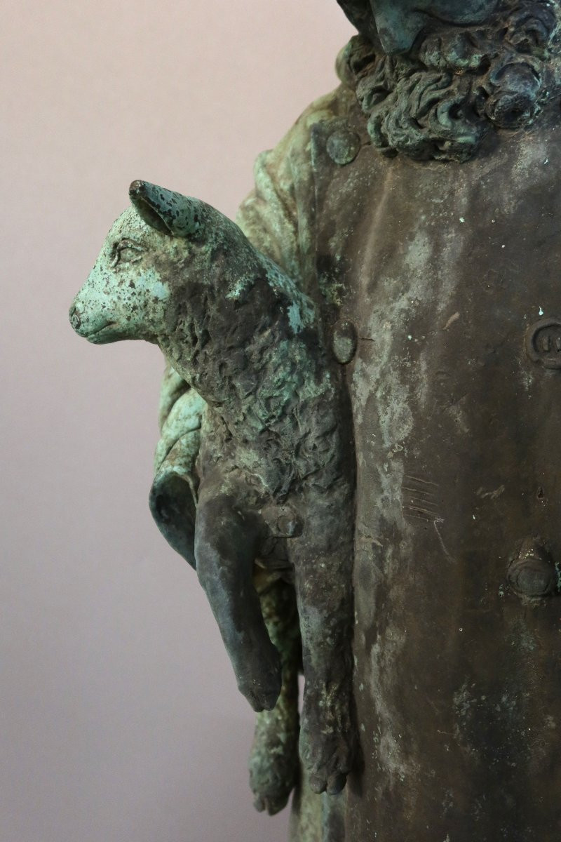 Sculpture en bronze " Berger portant un agneau" daté 1904 et signé-photo-3
