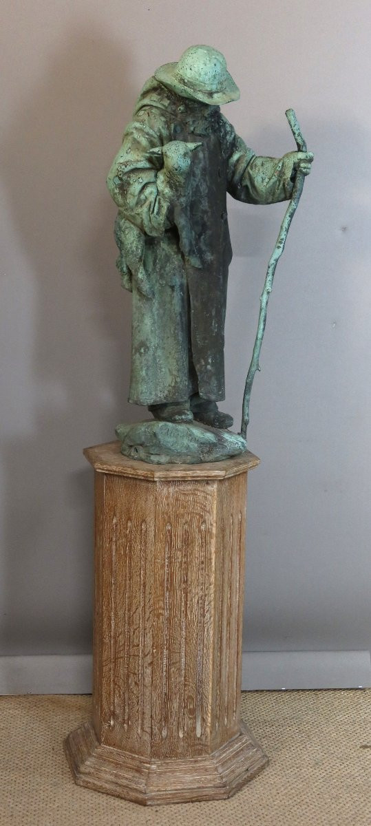 Sculpture en bronze " Berger portant un agneau" daté 1904 et signé-photo-3