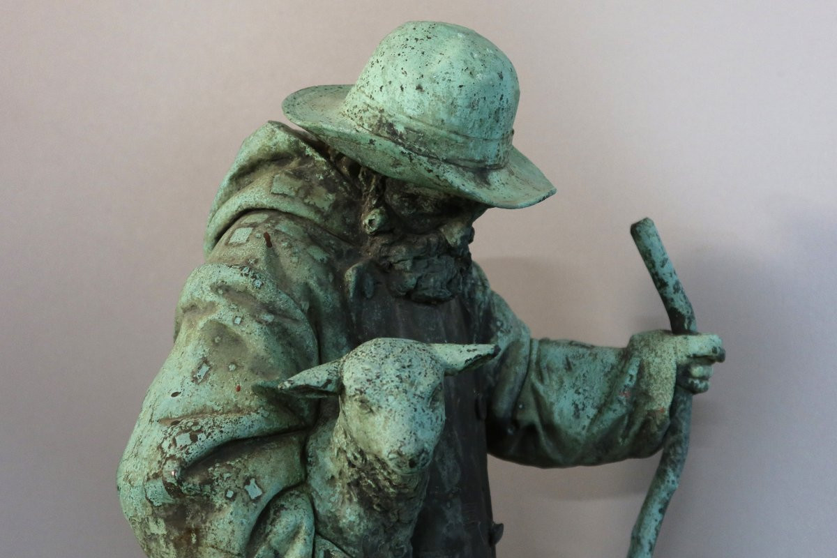Sculpture en bronze " Berger portant un agneau" daté 1904 et signé-photo-5