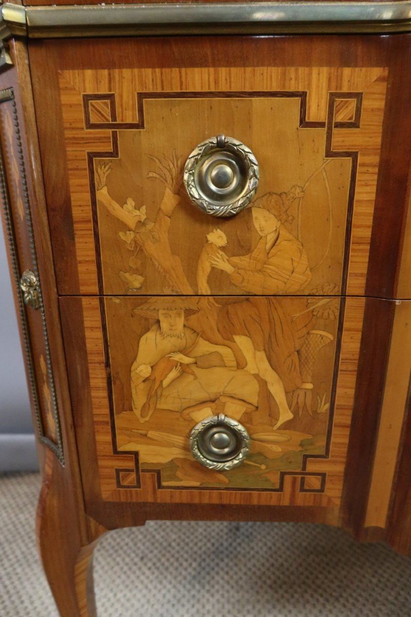 Transitional Style Marquetry Chest Of Drawers, 20th Century-photo-3
