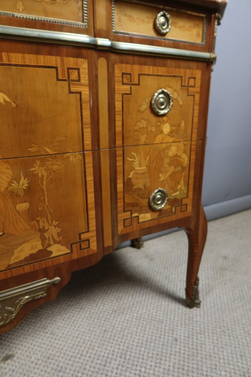 Transitional Style Marquetry Chest Of Drawers, 20th Century-photo-4