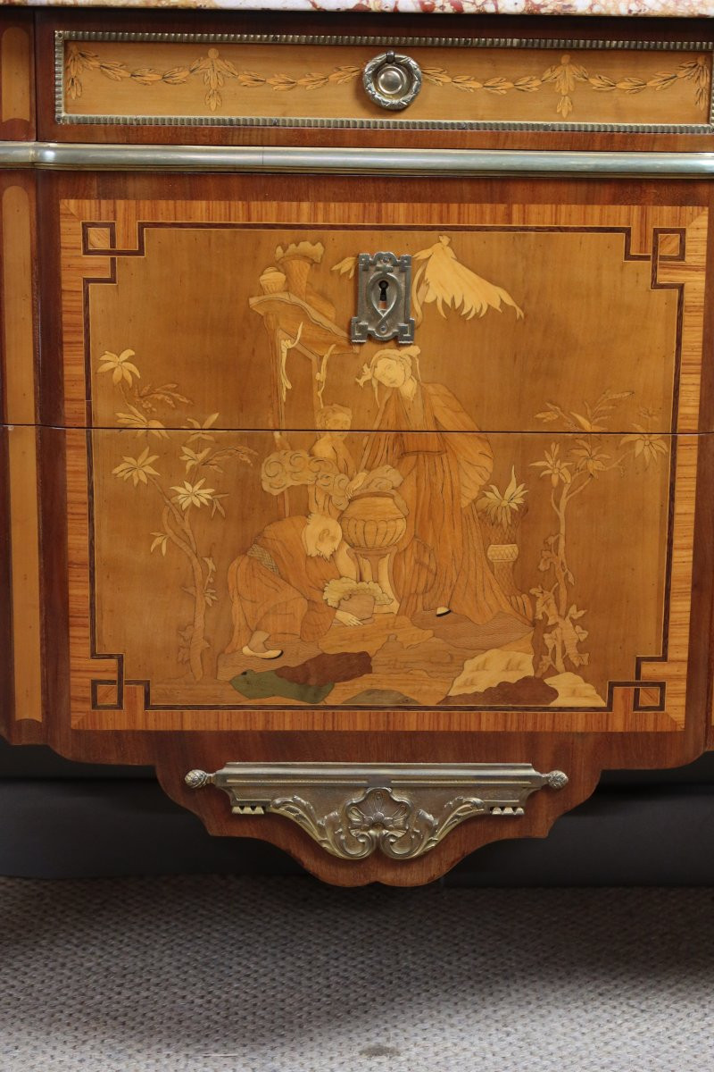 Transitional Style Marquetry Chest Of Drawers, 20th Century-photo-2