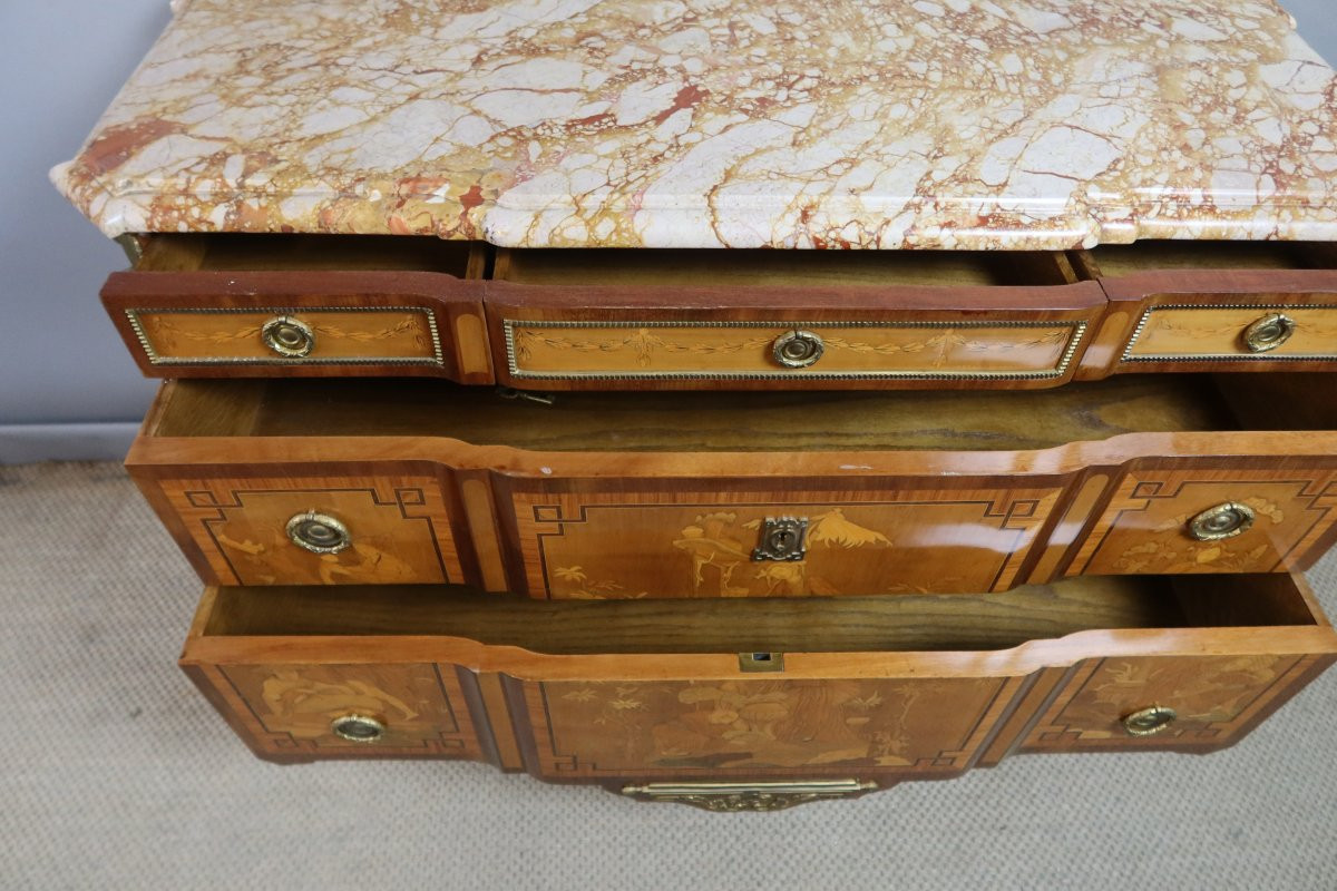 Transitional Style Marquetry Chest Of Drawers, 20th Century-photo-7