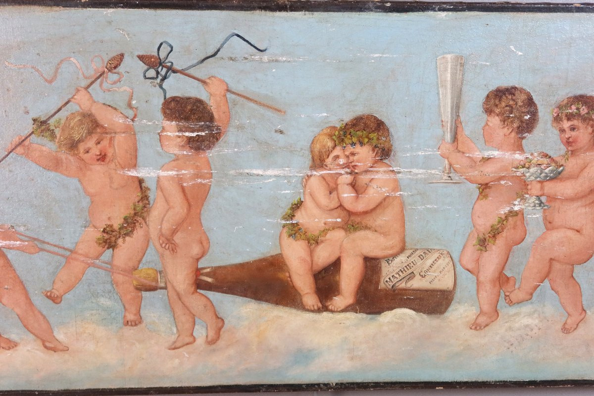 Large Painted Canvas Depicting Cherubs, 19th Century-photo-4