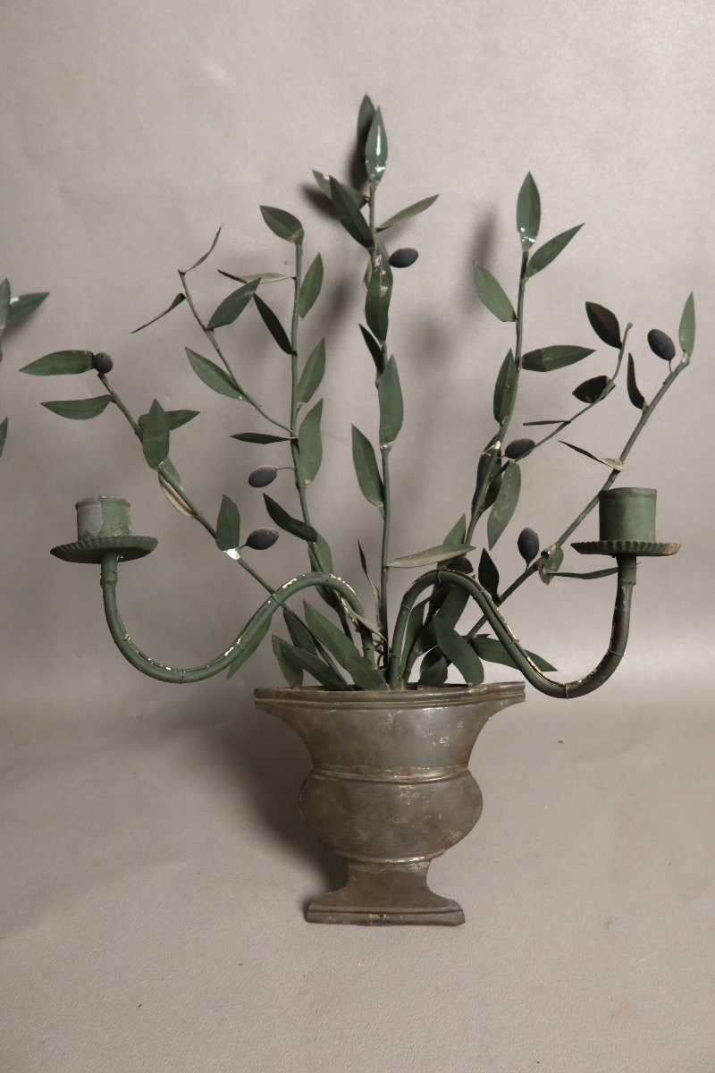 Pair Of Sconces In Painted Sheet Metal, Decorated With Olive Branches-photo-2