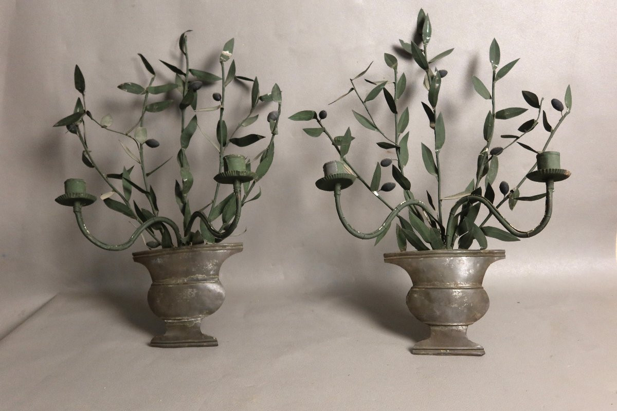 Pair Of Sconces In Painted Sheet Metal, Decorated With Olive Branches-photo-4