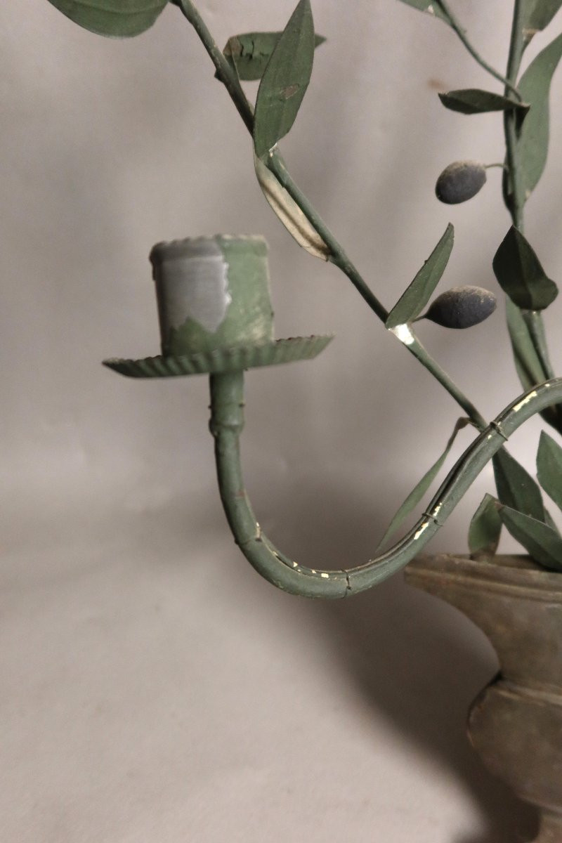 Pair Of Sconces In Painted Sheet Metal, Decorated With Olive Branches-photo-1