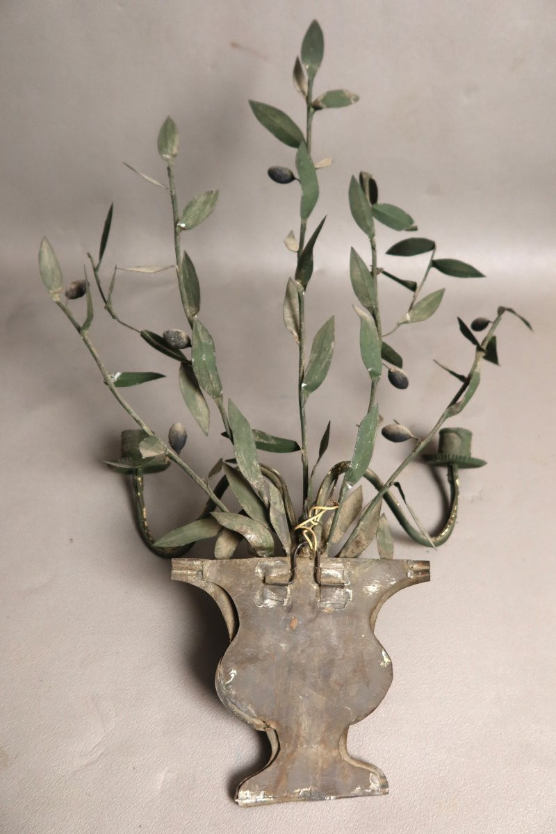 Pair Of Sconces In Painted Sheet Metal, Decorated With Olive Branches-photo-2