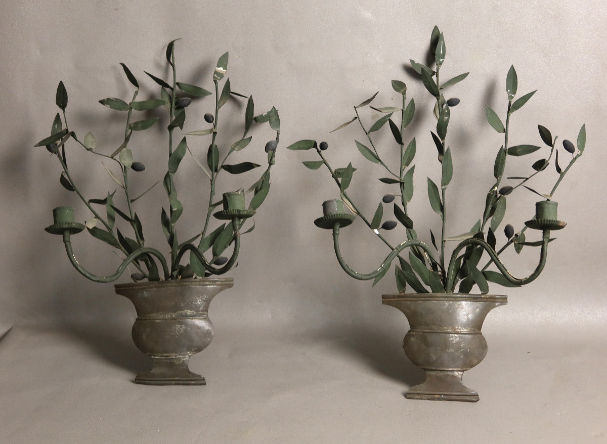 Pair Of Sconces In Painted Sheet Metal, Decorated With Olive Branches
