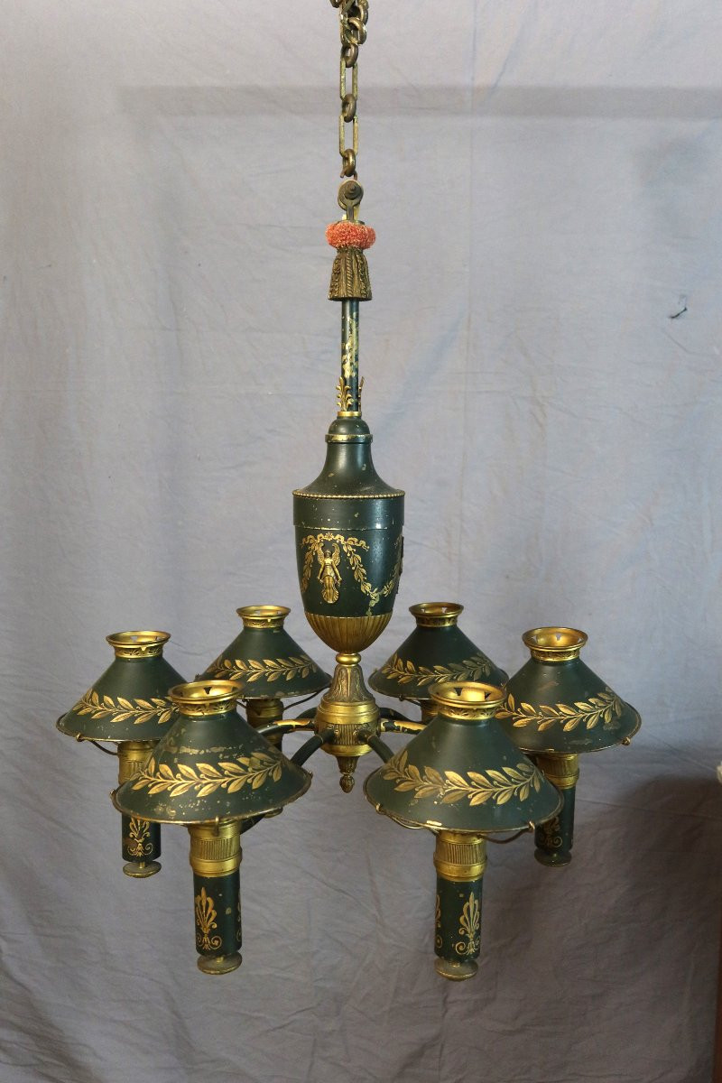 Chandelier In Painted Sheet Metal, Late 19th Century-photo-2