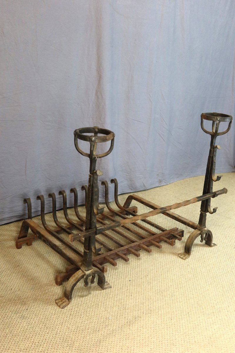 Large Landiers And Fireplace Grate 19th Century-photo-2