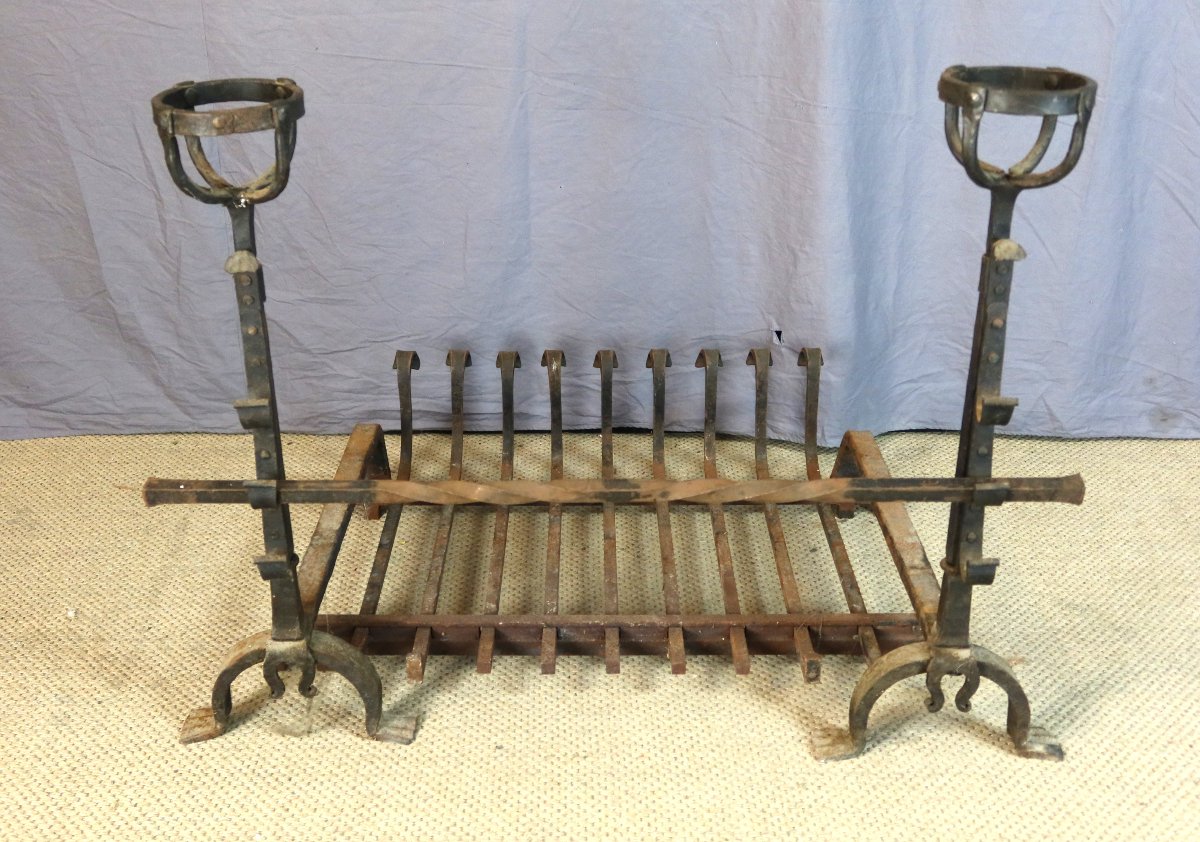 Large Landiers And Fireplace Grate 19th Century-photo-3