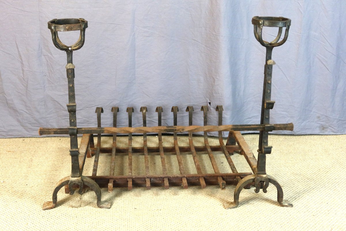 Large Landiers And Fireplace Grate 19th Century