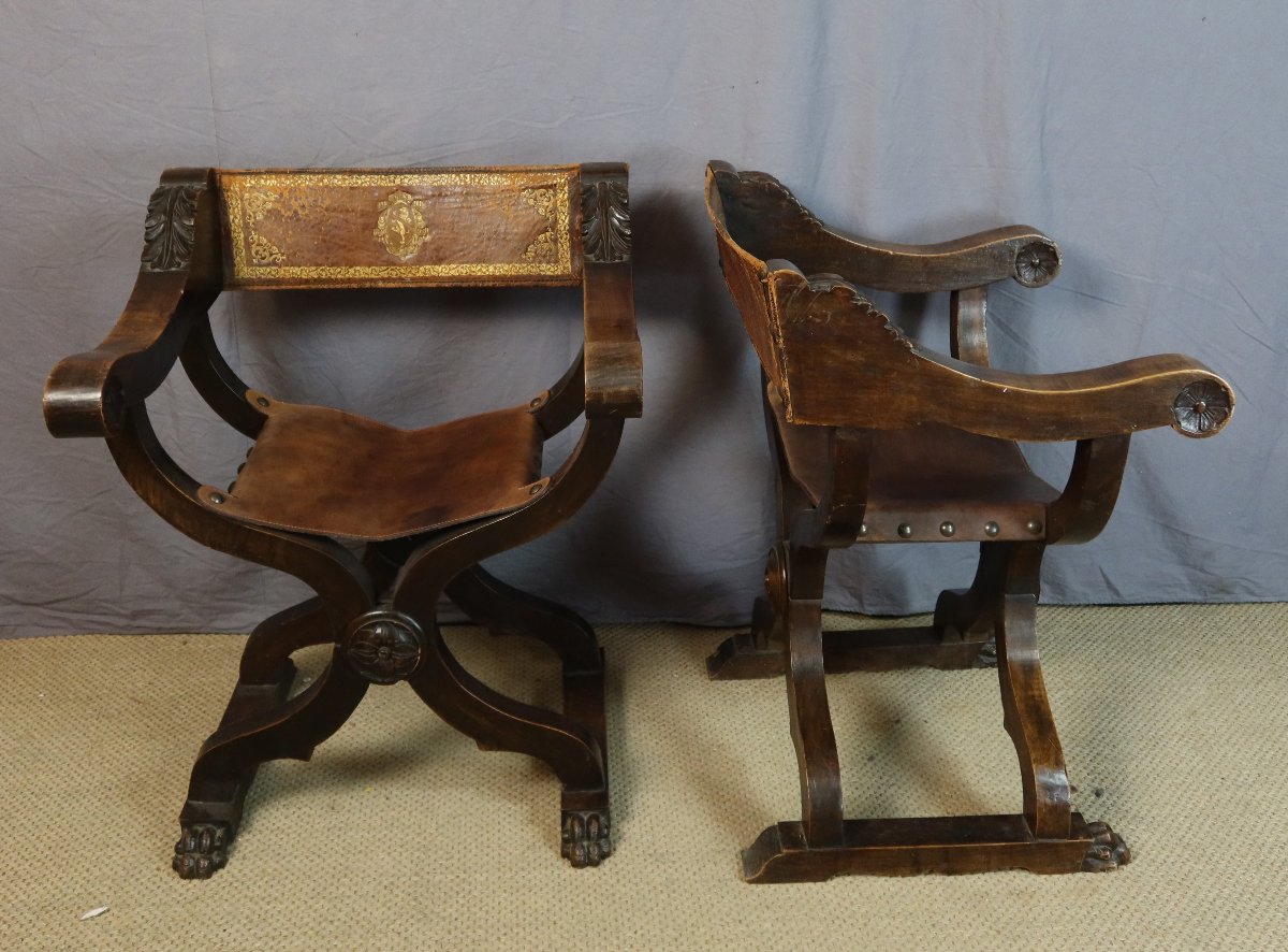 PAIRE DE FAUTEUILS CURULE XIX SIECLE-photo-4