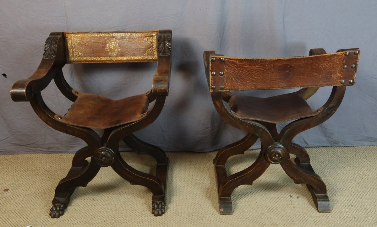 PAIRE DE FAUTEUILS CURULE XIX SIECLE-photo-6