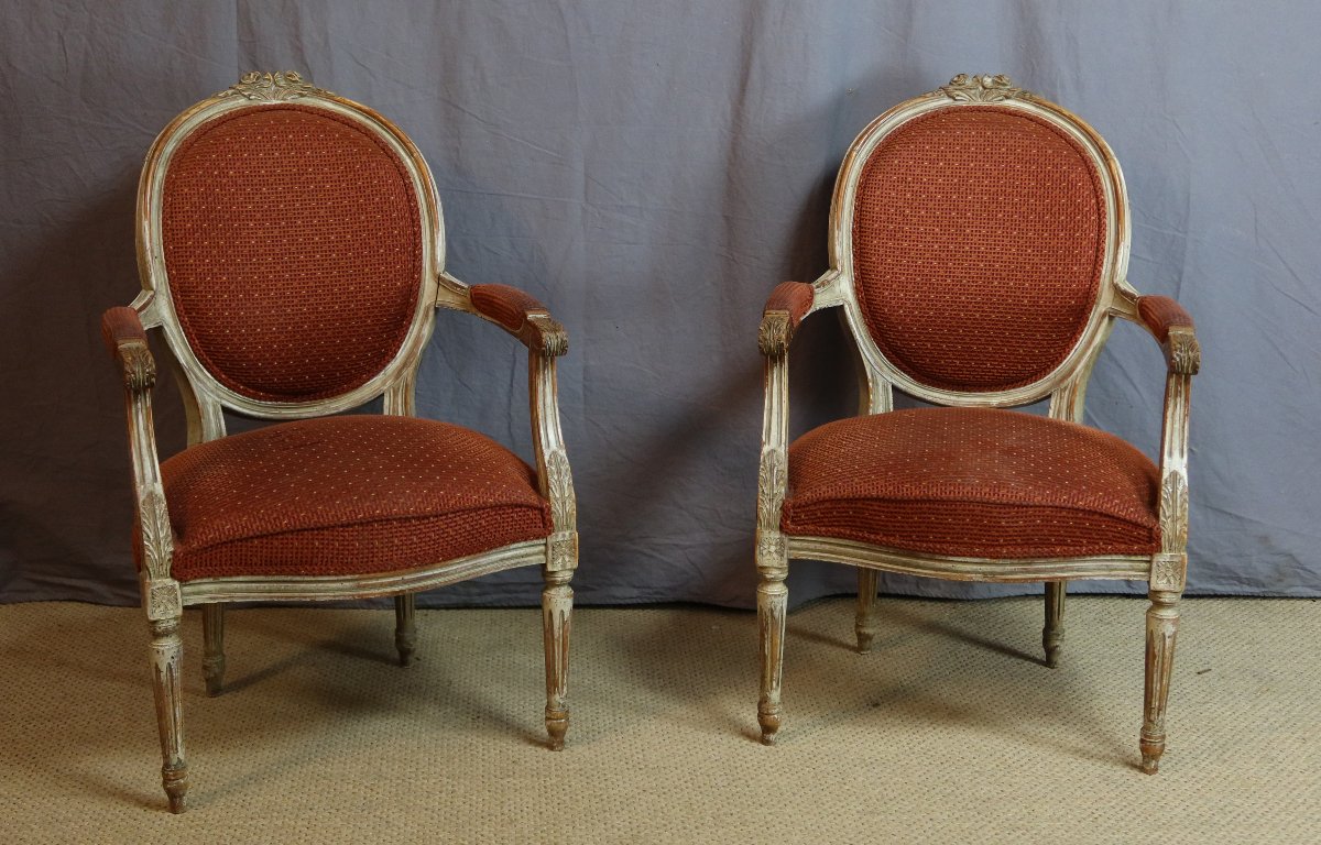 Pair Of Louis XVI Armchairs Made Of Lacquered Wood-photo-2