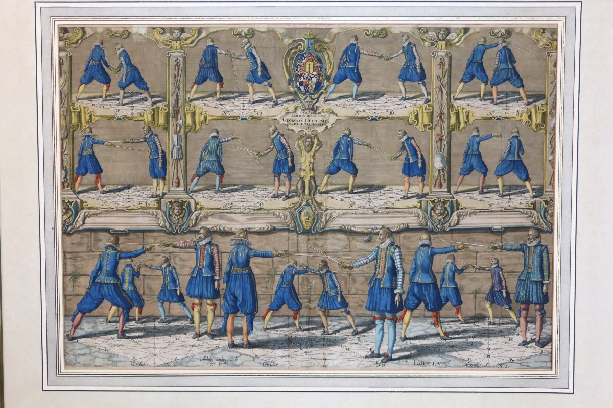 Large Framed Engraving, "académie De l'Espée"-photo-2