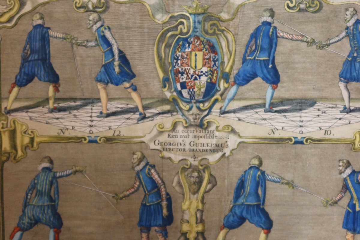 Large Framed Engraving, "académie De l'Espée"-photo-1