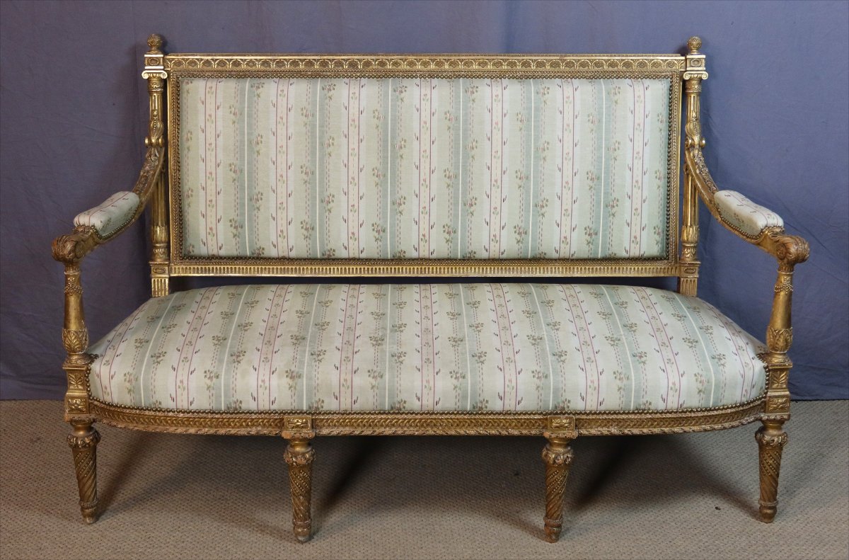 Napoleon III-era Gilded Wood Living Room Set: A Sofa And Four Armchairs-photo-4