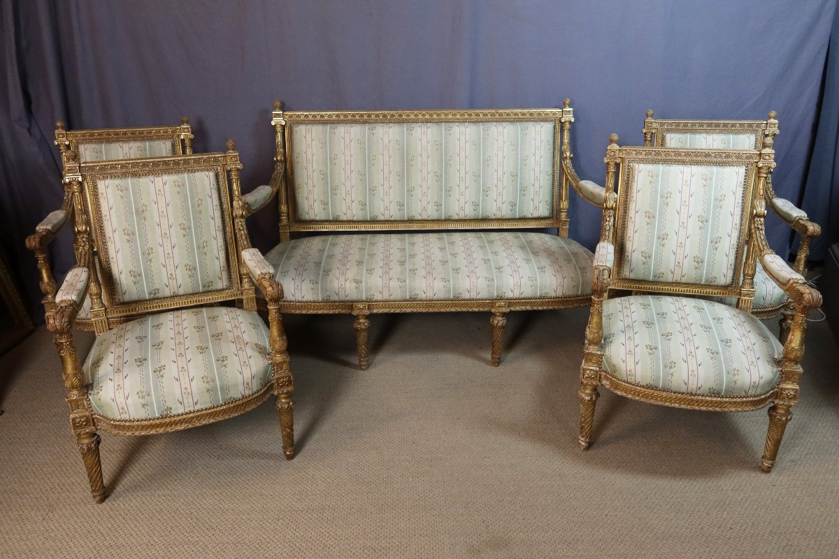 Napoleon III-era Gilded Wood Living Room Set: A Sofa And Four Armchairs-photo-4