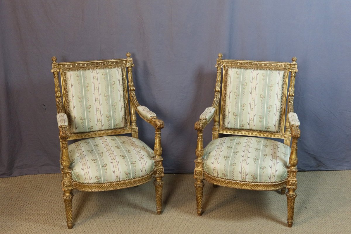 Napoleon III-era Gilded Wood Living Room Set: A Sofa And Four Armchairs-photo-5