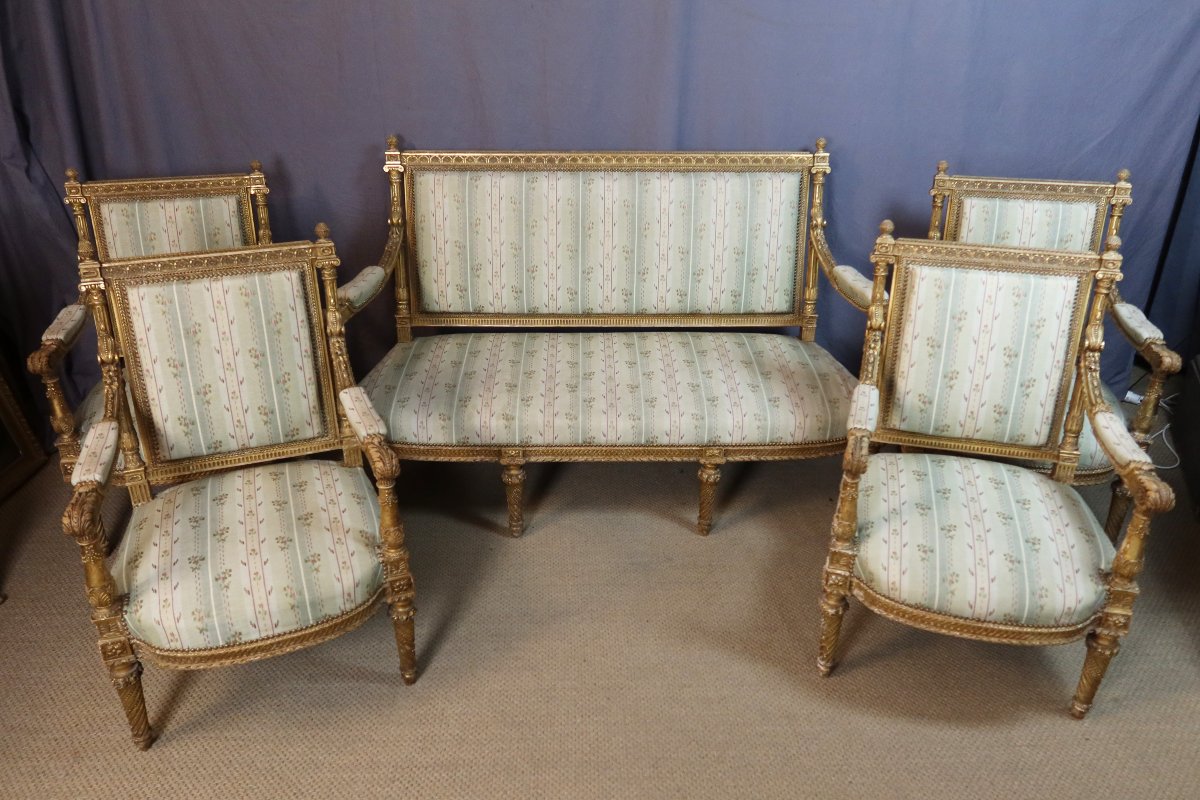 Napoleon III-era Gilded Wood Living Room Set: A Sofa And Four Armchairs