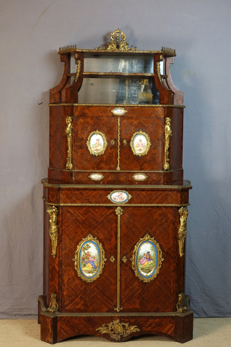 Curved Sideboard With Marquetry, Decorated With 19th-century Porcelain Plaques