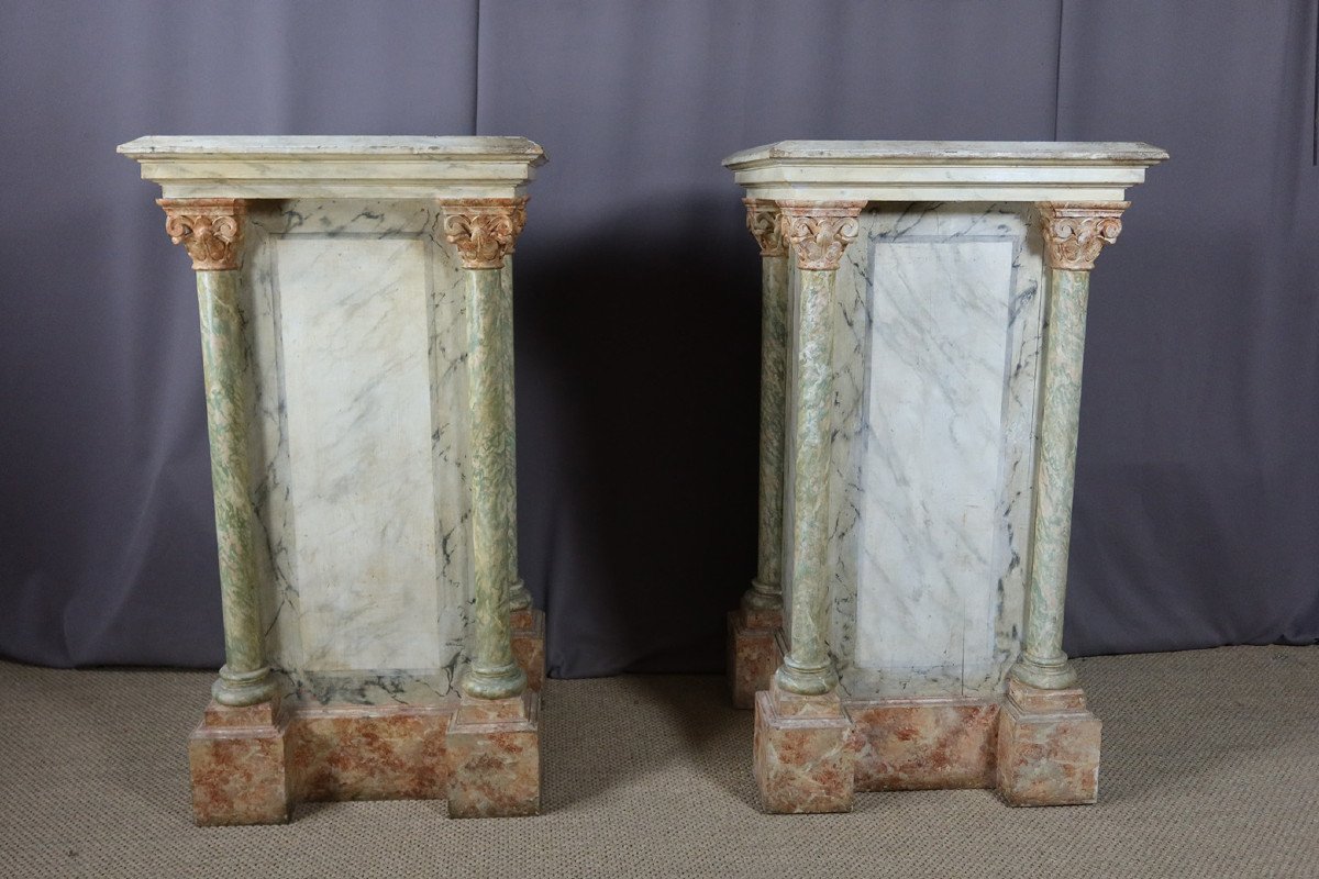 Pair Of Large Faux Marble Painted Wooden Stands