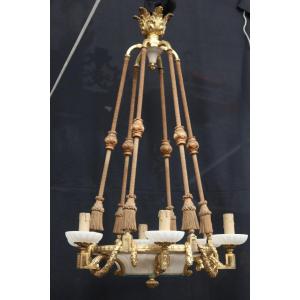 Large Chandelier In Gilt Bronze And Alabaster End XIX