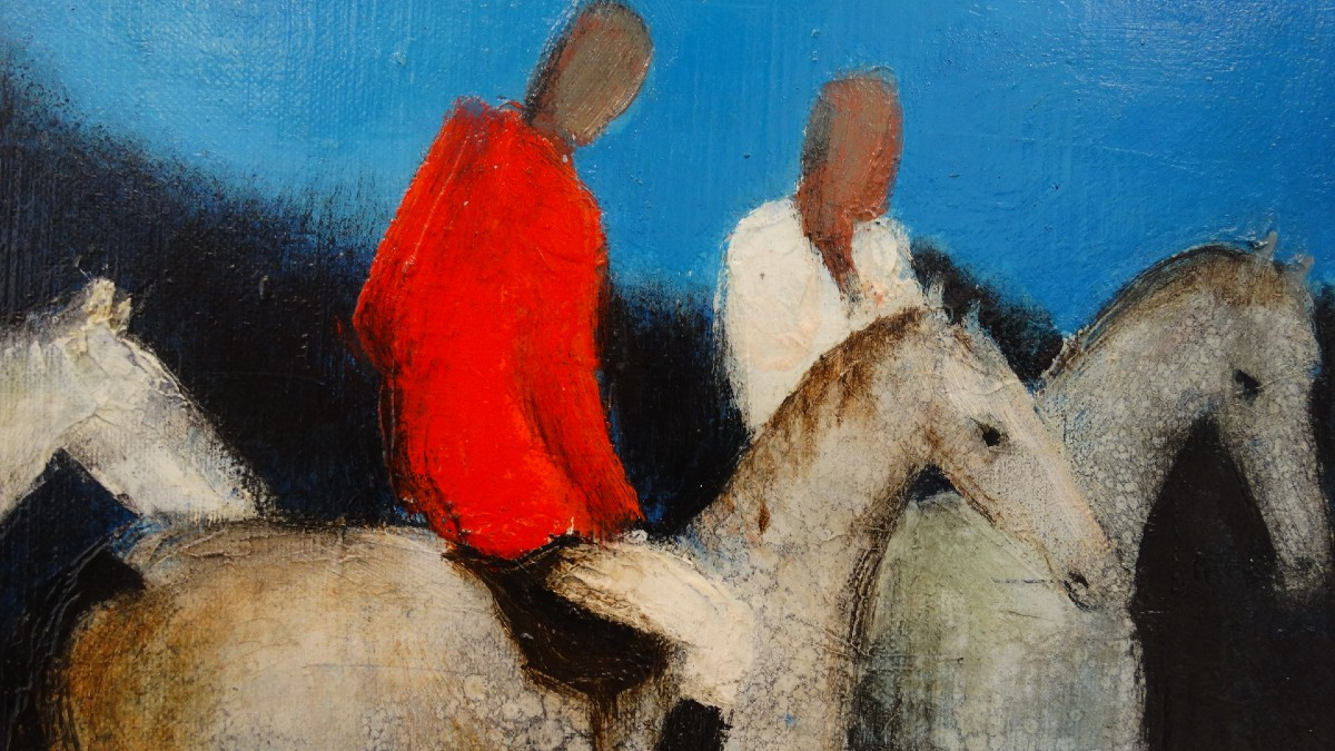 "Groupe de cavaliers " , huile sur toile de Pierre Bisiaux -photo-3