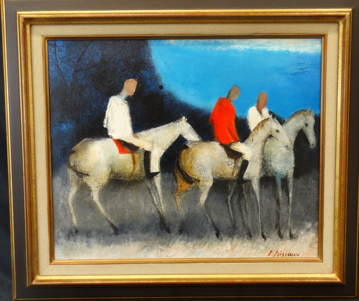 "Groupe de cavaliers " , huile sur toile de Pierre Bisiaux 