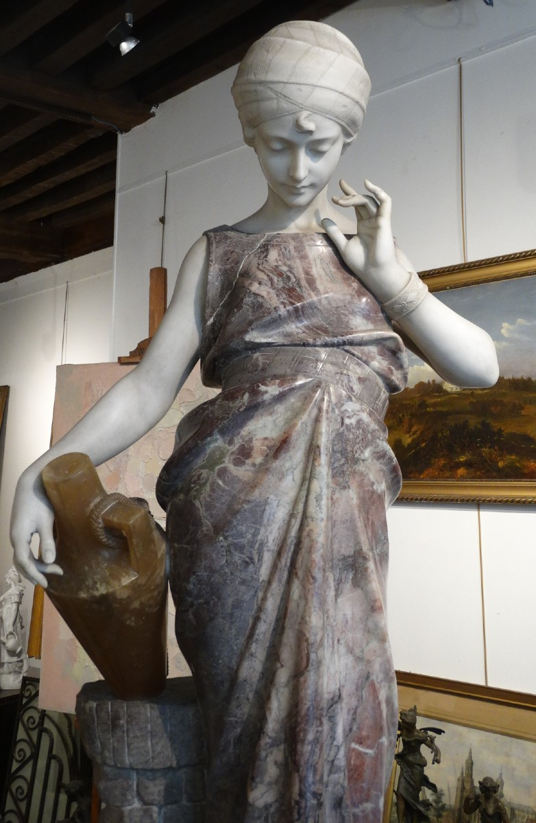 "young Girl With A Pitcher", Marble Sculpture By Emile Boyer -photo-1