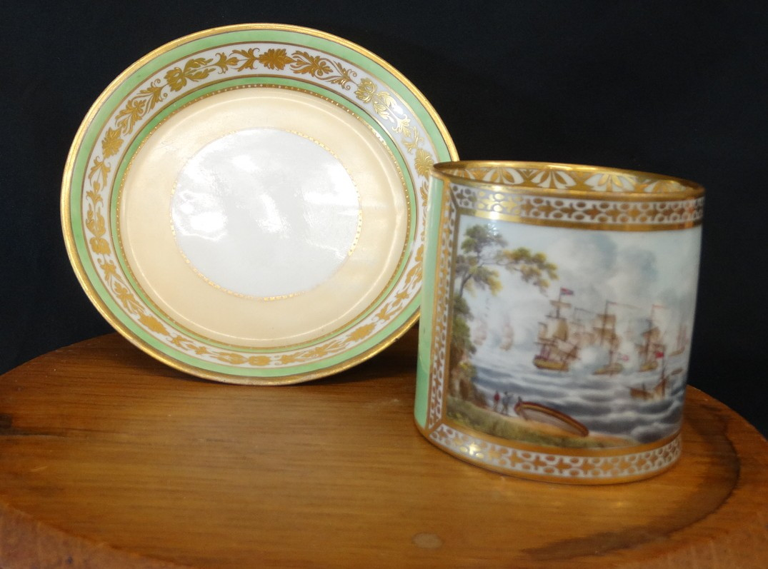 18th Century English Porcelain Cup And Saucer Decorated With Boats And Figures