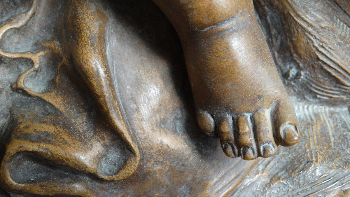 " Enfants au bouquet" terre-cuite   signée Foucher -photo-3