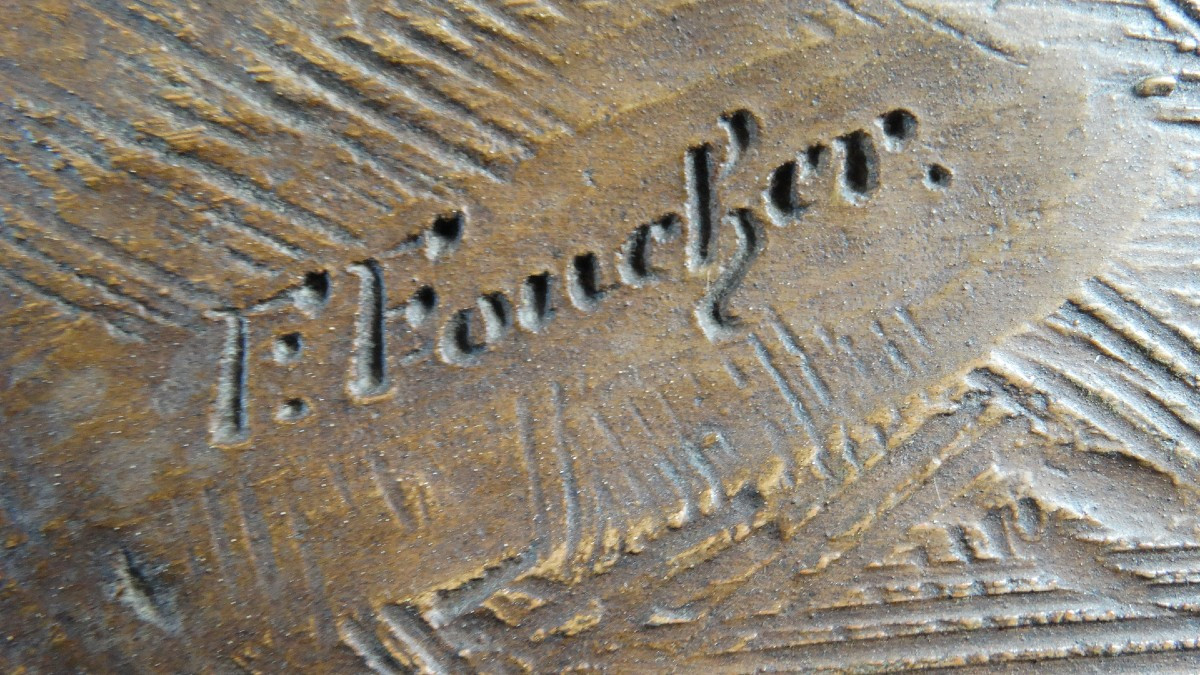 " Enfants au bouquet" terre-cuite   signée Foucher -photo-2