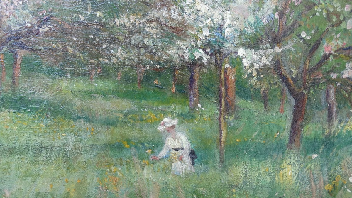 "landscape With Flowering Trees And A Figure," A Painting By Mathilde Marguerite Hautrive-photo-2