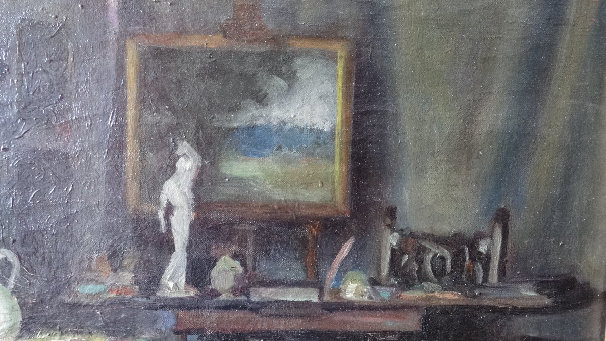 "artist's Studio," Oil On Canvas, Early 20th Century-photo-2