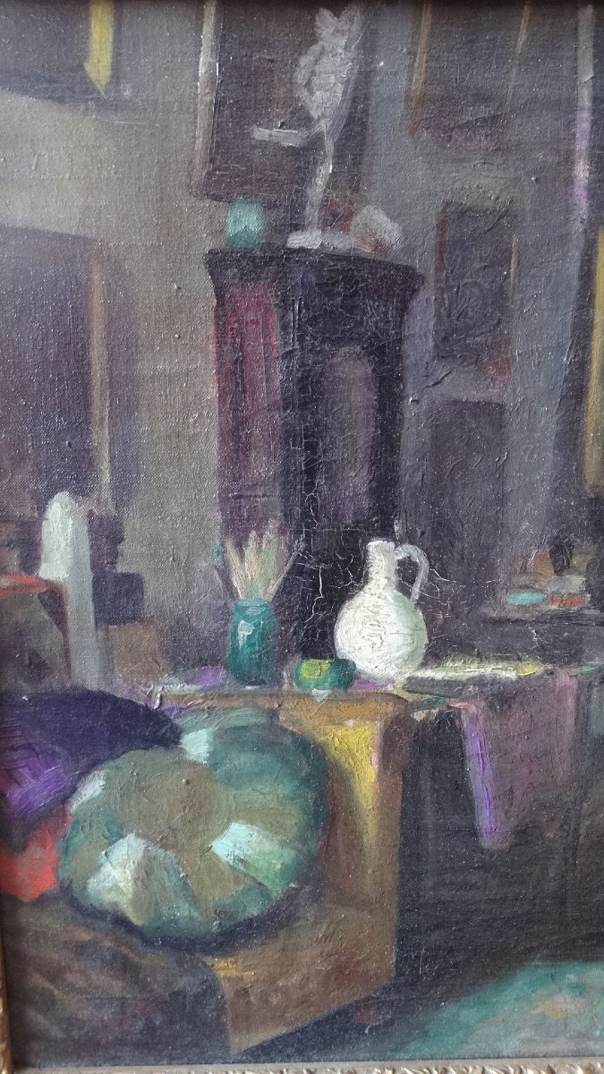 "artist's Studio," Oil On Canvas, Early 20th Century-photo-4