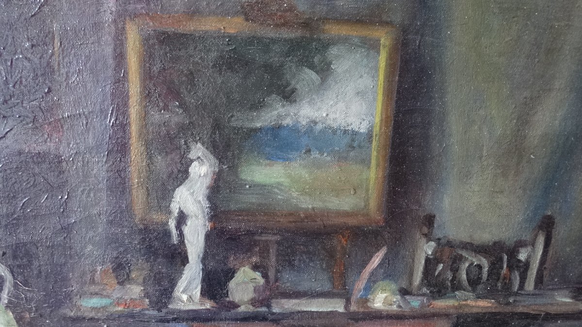 "artist's Studio," Oil On Canvas, Early 20th Century-photo-1