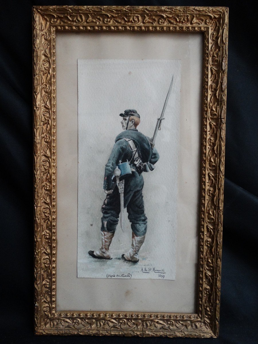 "Militaire en tenue " aquarelle de 1897 par A de Saint Maresville