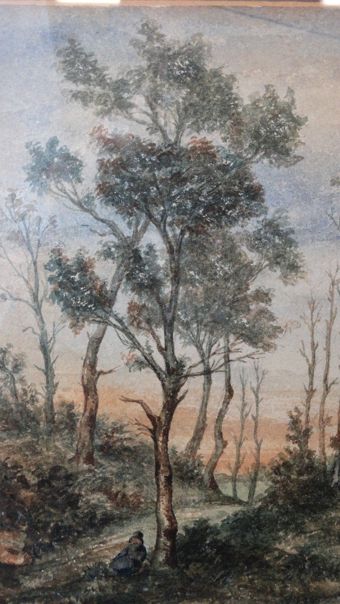 Paysage au chemin arboré , aquarelle 19ème-photo-3