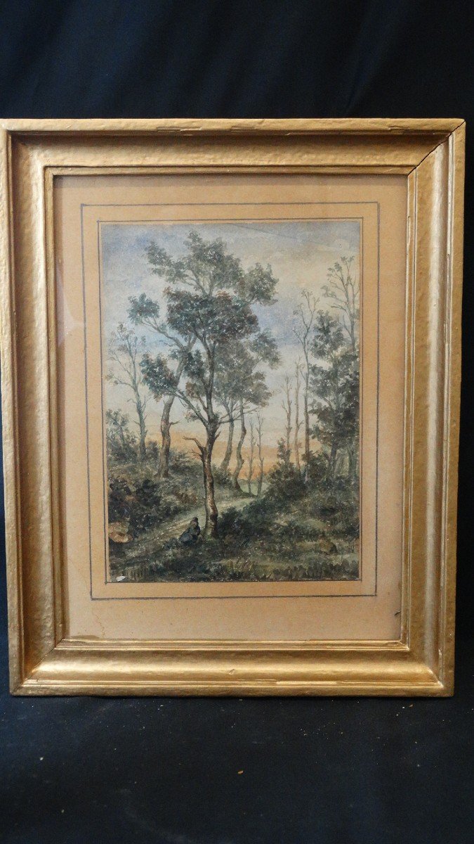 Paysage au chemin arboré , aquarelle 19ème