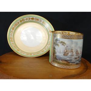 18th Century English Porcelain Cup And Saucer Decorated With Boats And Figures