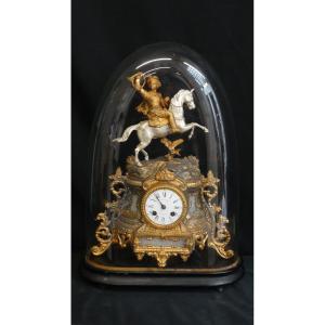 Pendule au cavalier en régule et albâtre  époque 1900