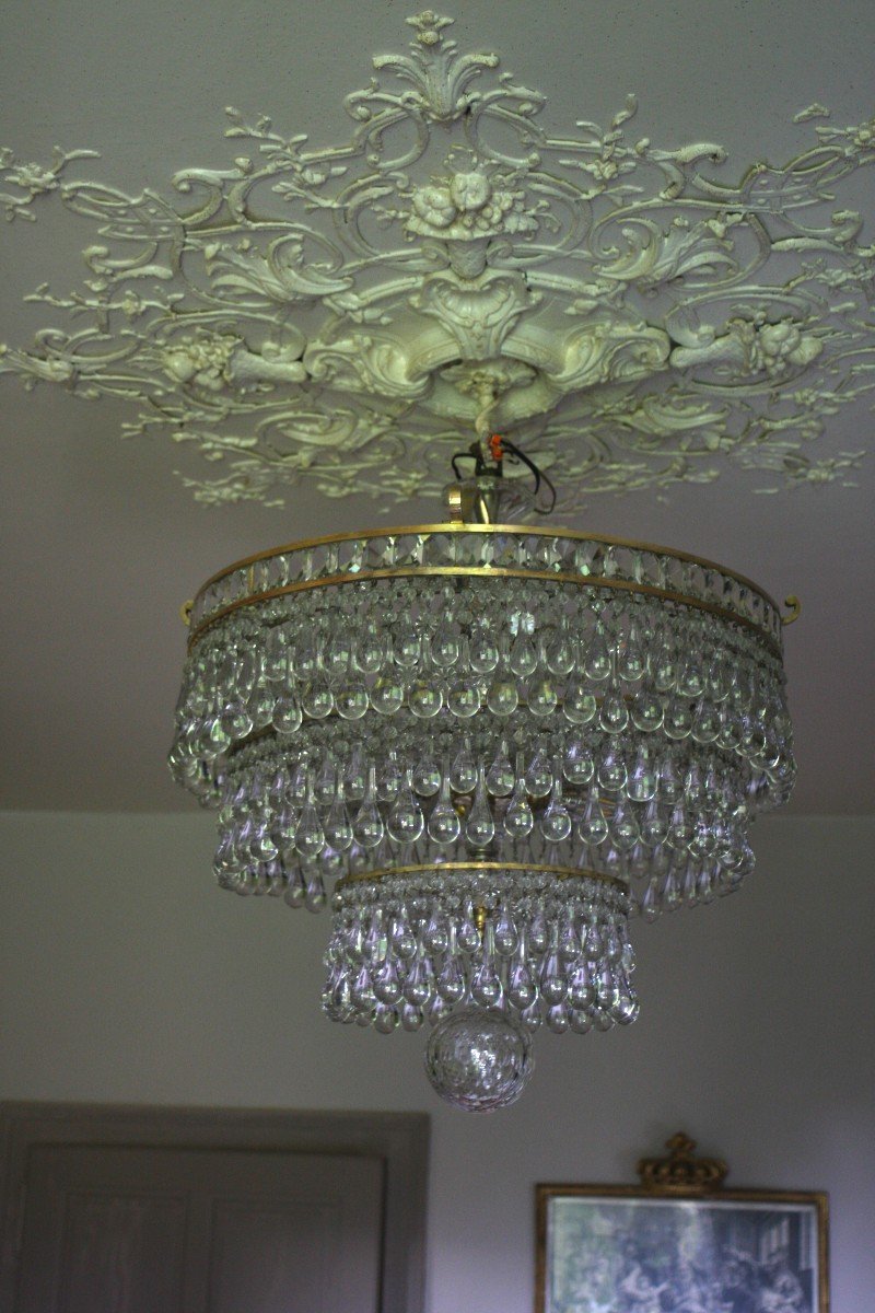 Grand Plafonnier Lustre  A 264 Gouttes Vers 1930 Diametre 60 Cm Hauteur 70 Cm 14 Lumieres -photo-3