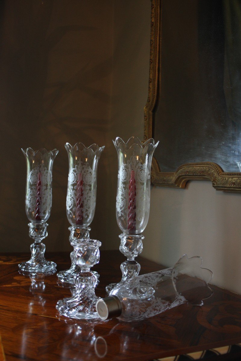 Baccarat 4 Bougeoirs Bambous Avec Ses Photophores Baccarat H 41 Cm Girandoles Parfait Etat-photo-3