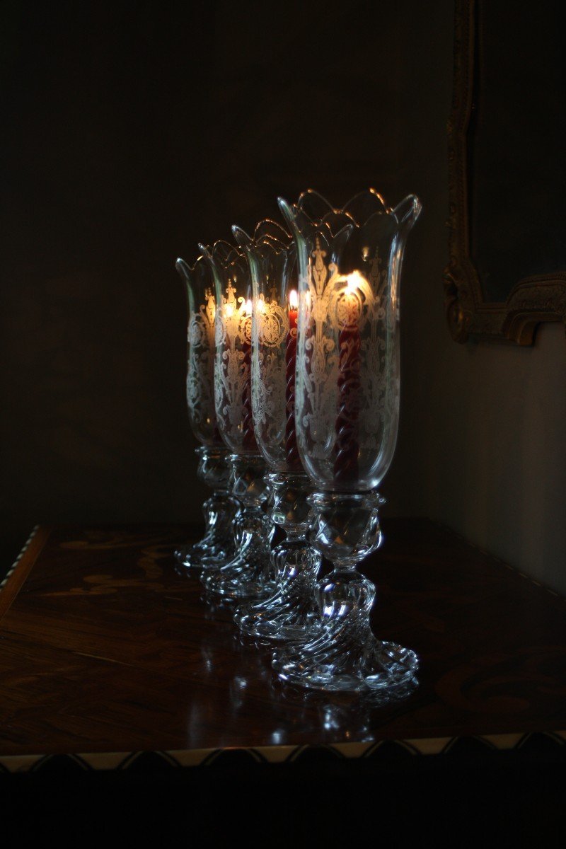 Baccarat 4 Bougeoirs Bambous Avec Ses Photophores Baccarat H 41 Cm Girandoles Parfait Etat-photo-4