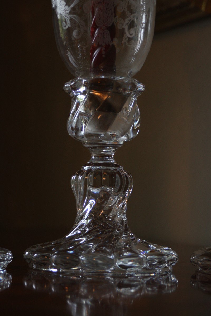 Baccarat 4 Bougeoirs Bambous Avec Ses Photophores Baccarat H 41 Cm Girandoles Parfait Etat-photo-4