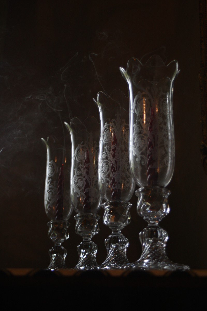 Baccarat 4 Bougeoirs Bambous Avec Ses Photophores Baccarat H 41 Cm Girandoles Parfait Etat