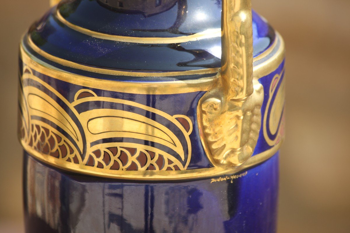 Art Deco Vase Signed Pinon Maurice Earthenware From Tours Blue Ceramic And Gold Sevres-photo-3